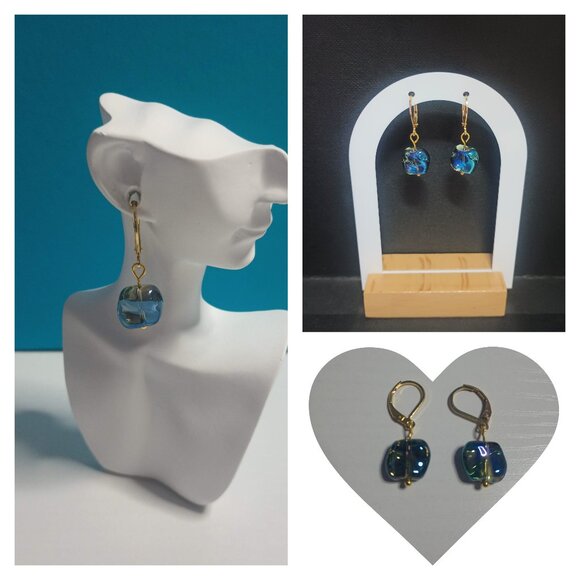 Iridescent Blue Glass Bead Drop Earrings with Leverback Closure - Picture 1 of 1